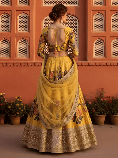 Tulsi Art Beautiful Yellow Floral Printed Silk Festival Wear Lehenga Choli With Dupatta