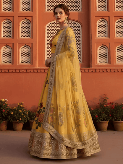 Tulsi Art Beautiful Yellow Floral Printed Silk Festival Wear Lehenga Choli With Dupatta