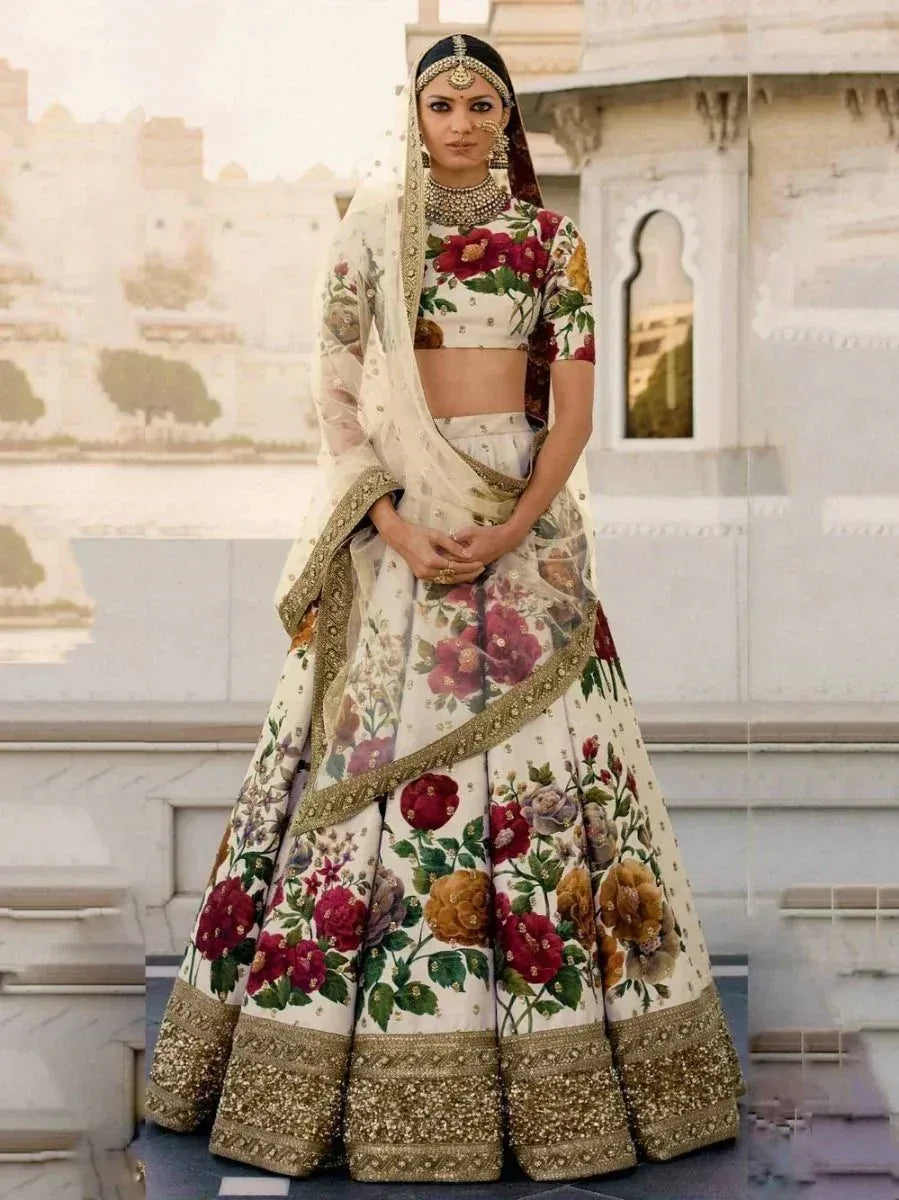 Tulsi Art Cream Floral Digital Printed Art Silk Bridal Lehenga Choli