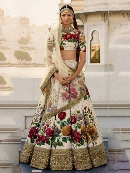 Tulsi Art Cream Floral Digital Printed Art Silk Bridal Lehenga Choli