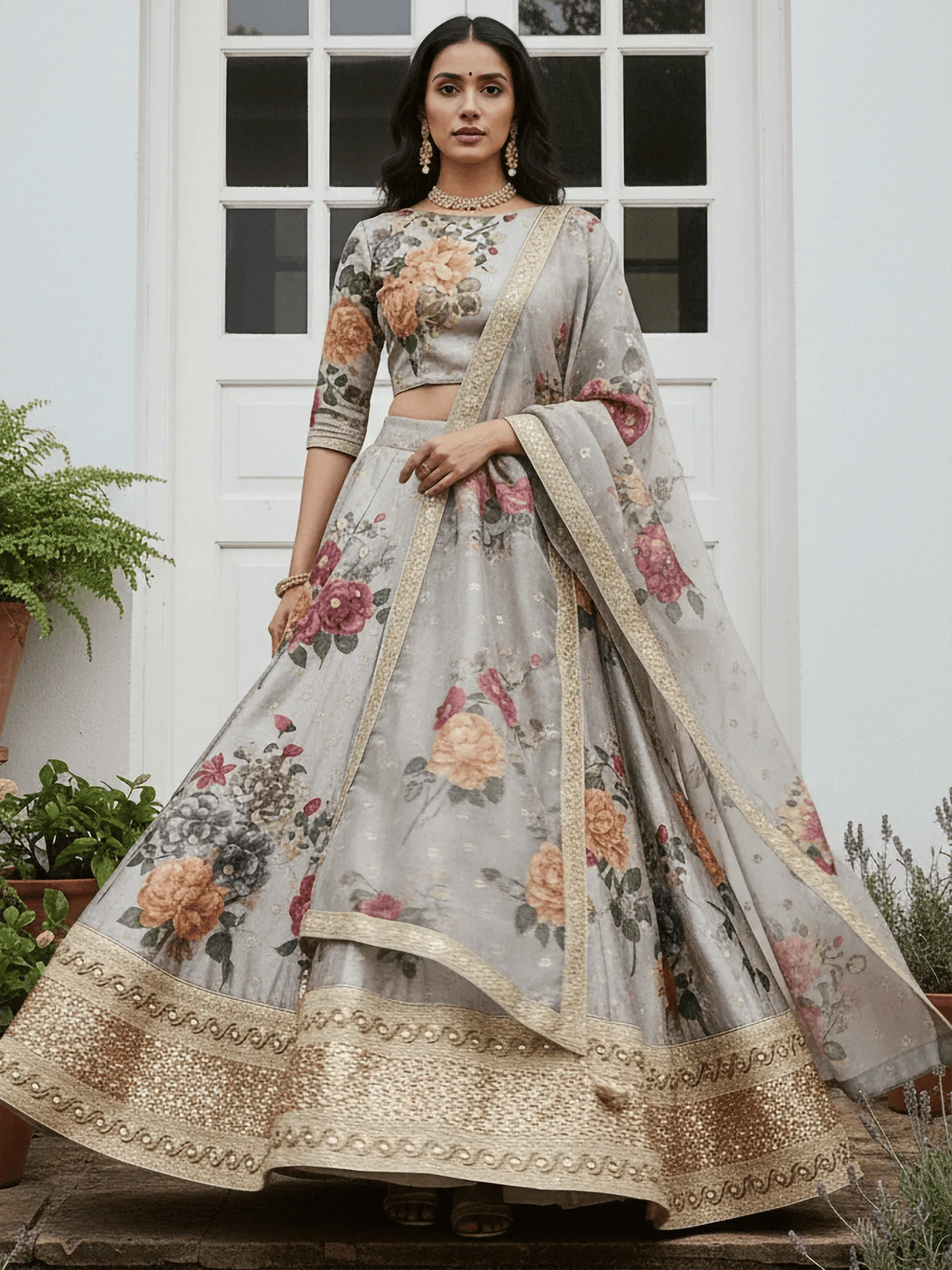 Tulsi Art Awesome Gray Floral Printed Art Silk Lehenga Choli With Dupatta