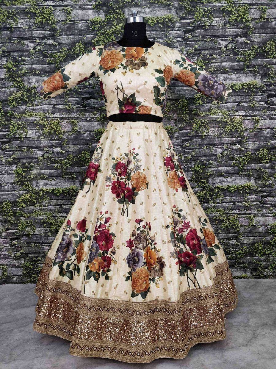 Tulsi Art Cream Floral Digital Printed Art Silk Bridal Lehenga Choli