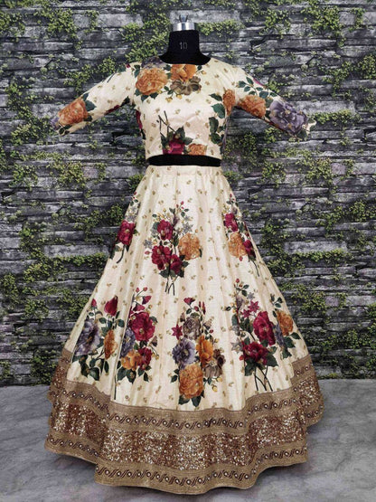 Tulsi Art Cream Floral Digital Printed Art Silk Bridal Lehenga Choli