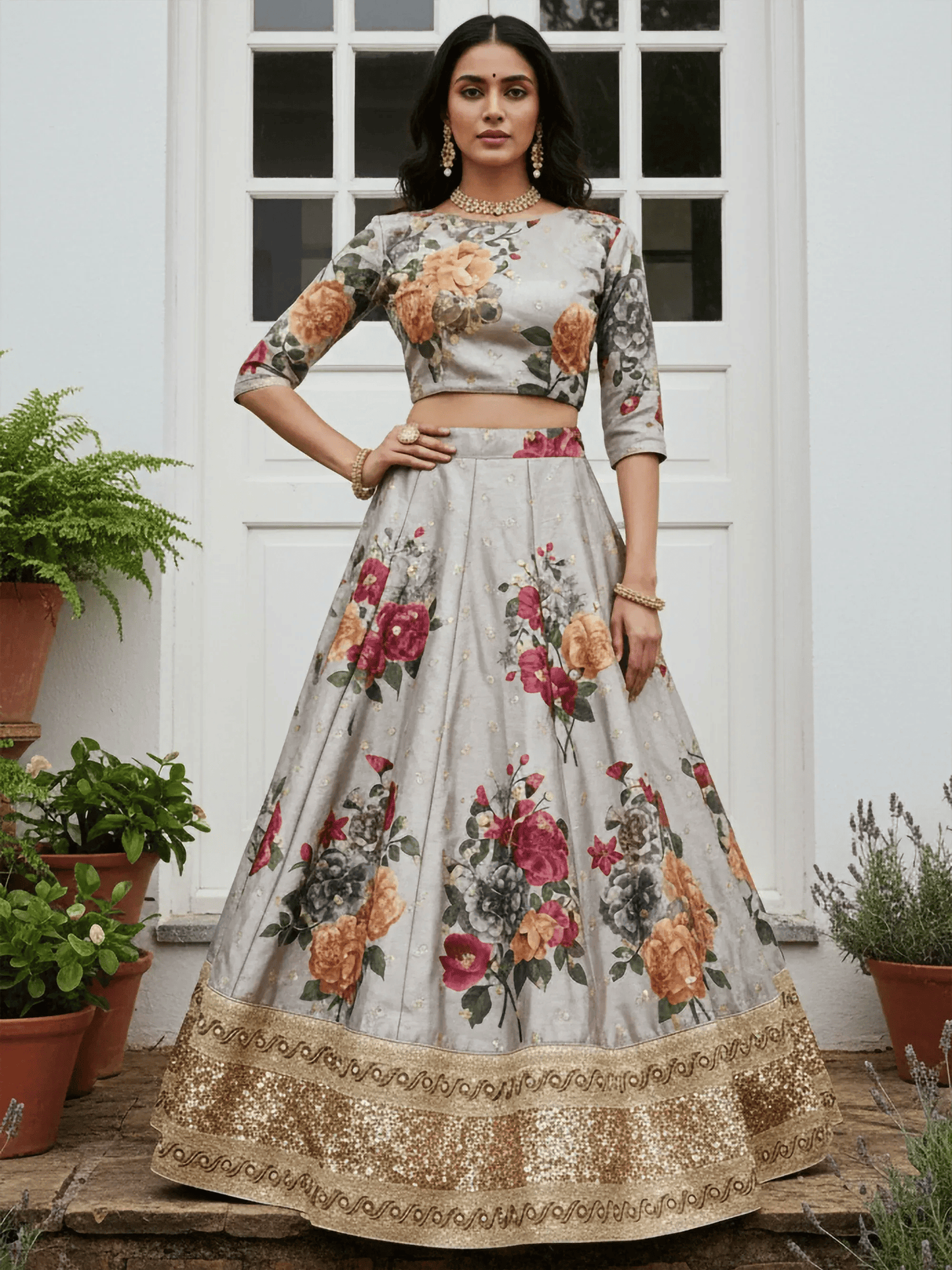 Tulsi Art Awesome Gray Floral Printed Art Silk Lehenga Choli With Dupatta