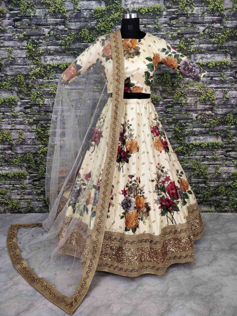 Tulsi Art Cream Floral Digital Printed Art Silk Bridal Lehenga Choli