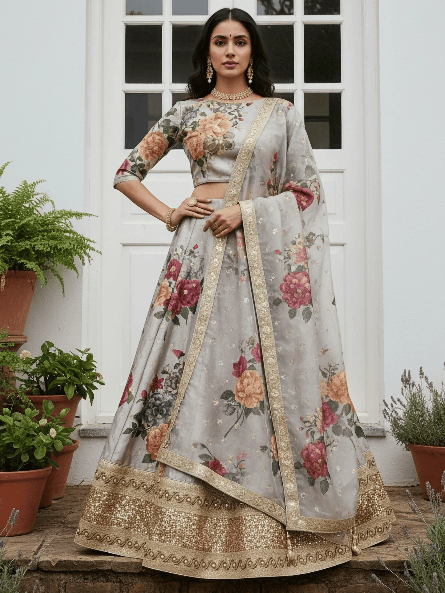 Tulsi Art Awesome Gray Floral Printed Art Silk Lehenga Choli With Dupatta