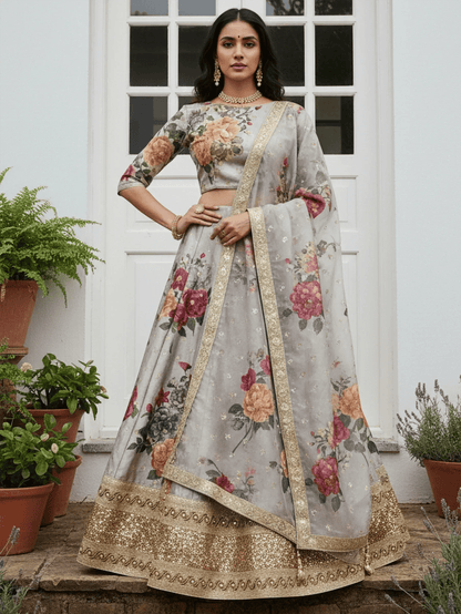 Tulsi Art Awesome Gray Floral Printed Art Silk Lehenga Choli With Dupatta