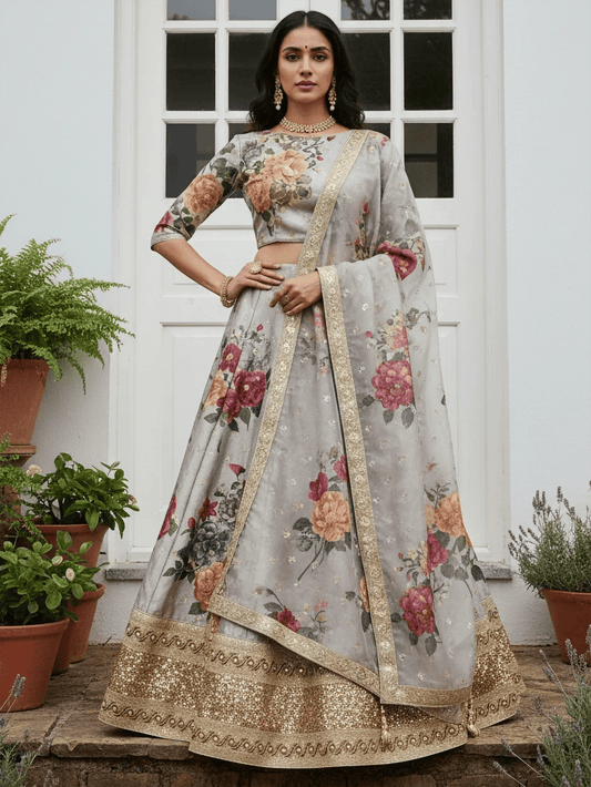 Tulsi Art Awesome Gray Floral Printed Art Silk Lehenga Choli With Dupatta