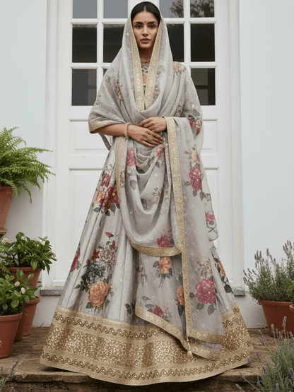Tulsi Art Awesome Gray Floral Printed Art Silk Lehenga Choli With Dupatta