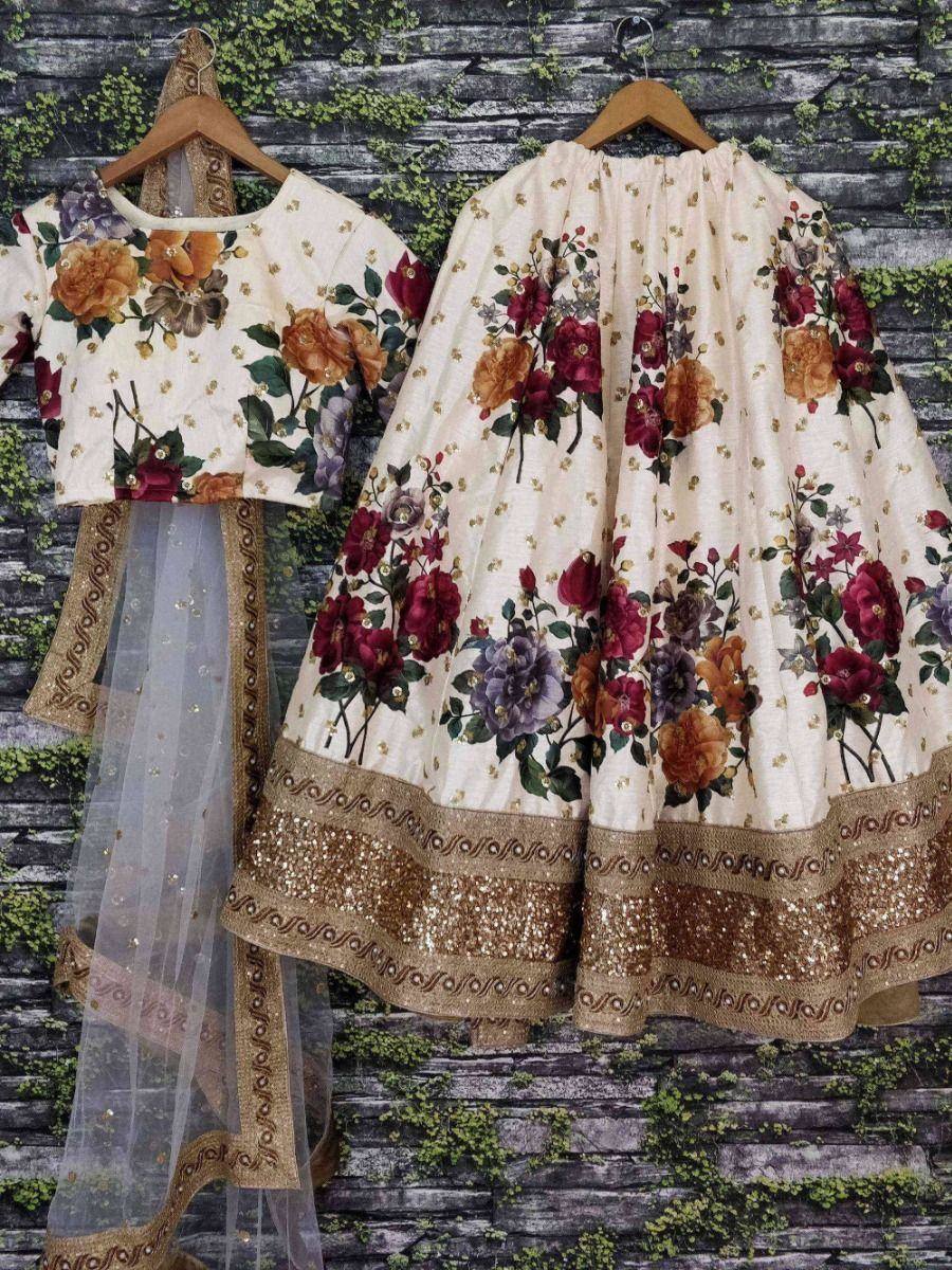 Tulsi Art Cream Floral Digital Printed Art Silk Bridal Lehenga Choli