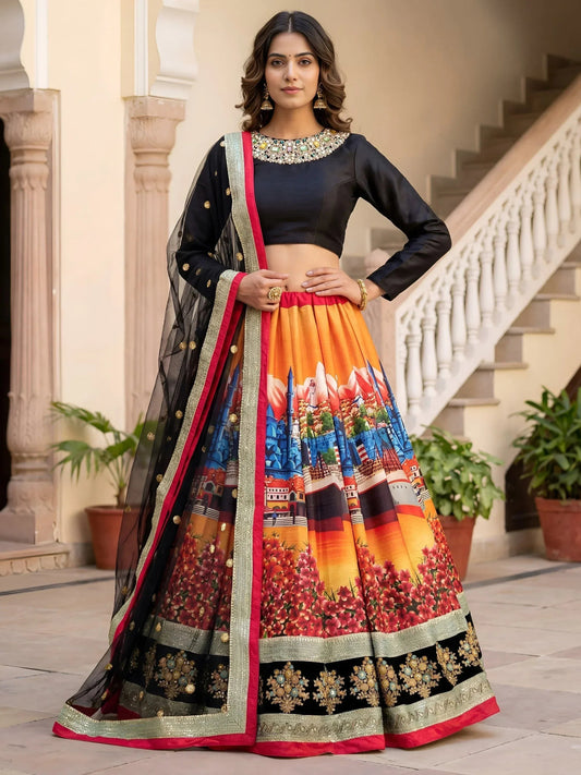 Tulsi Art Attractive Multicolor Floral Printed Silk Sangeet Wear Lehenga With Blouse