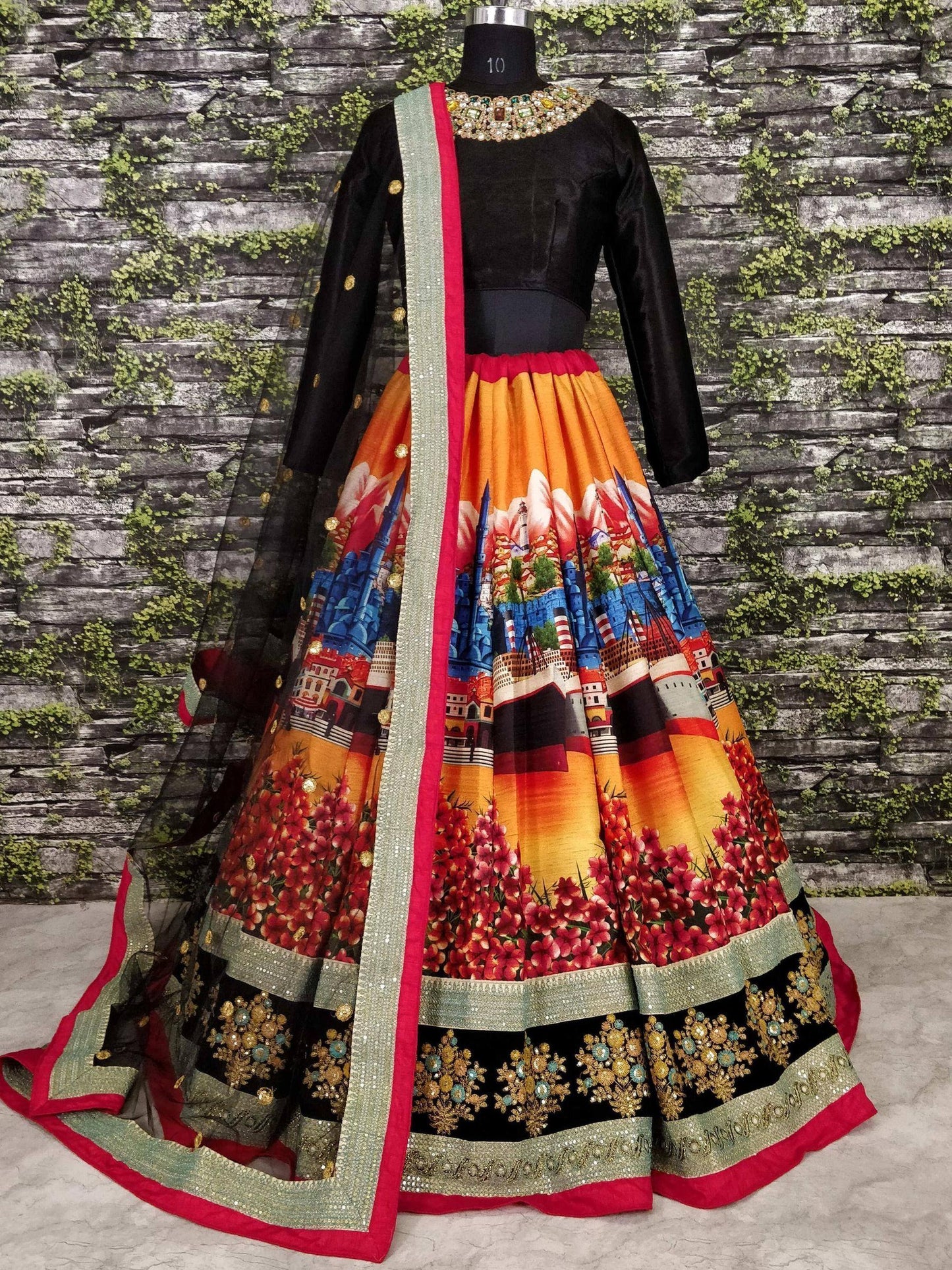 Tulsi Art Sabyasachi Multi-Color Digital Printed Silk Wedding Lehenga Choli