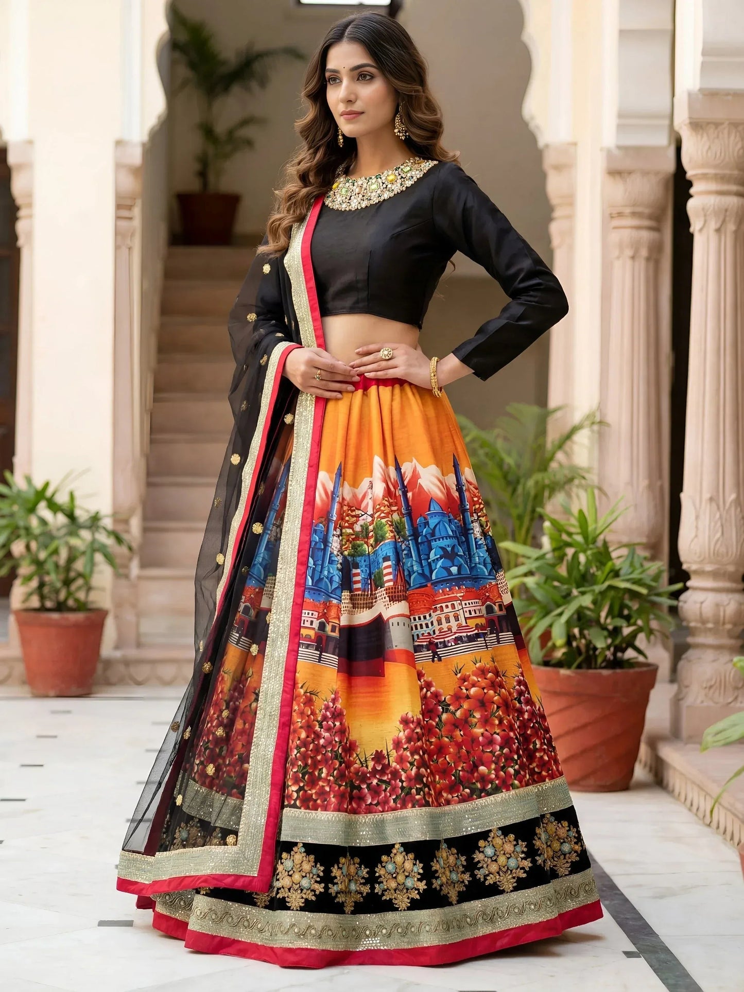 Tulsi Art Attractive Multicolor Floral Printed Silk Sangeet Wear Lehenga With Blouse