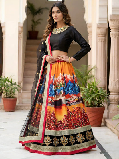 Tulsi Art Attractive Multicolor Floral Printed Silk Sangeet Wear Lehenga With Blouse