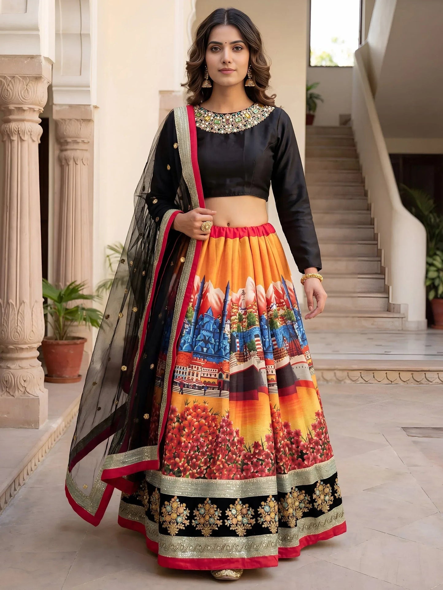 Tulsi Art Attractive Multicolor Floral Printed Silk Sangeet Wear Lehenga With Blouse