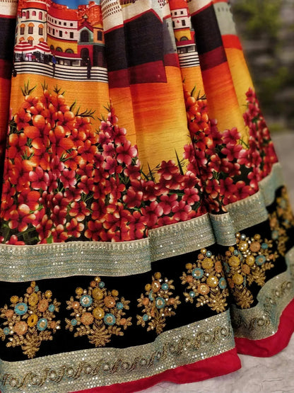 Tulsi Art Sabyasachi Multi-Color Digital Printed Silk Wedding Lehenga Choli