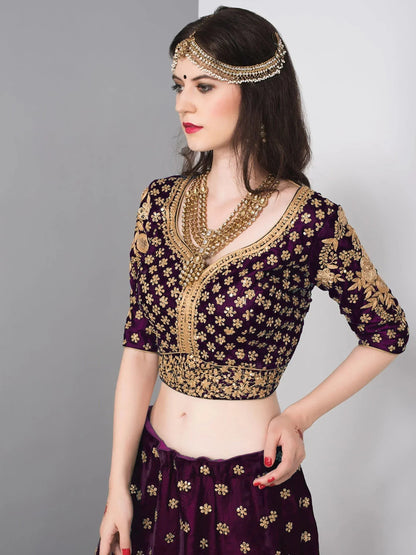 Tulsi Art Purple Embroidered Velvet Wedding Lehenga Choli With Dupatta