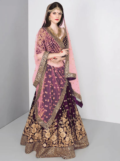 Tulsi Art Purple Embroidered Velvet Wedding Lehenga Choli With Dupatta