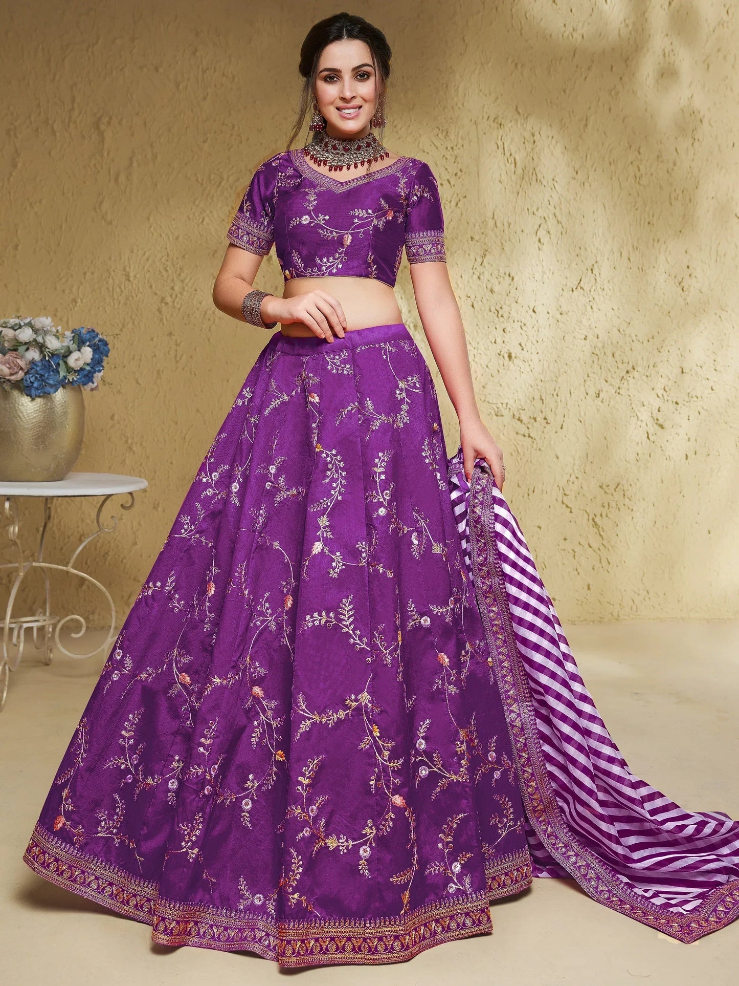 Tulsi Art Enchanting Purple Embroidered Silk Wedding Lehenga Choli With Dupatta