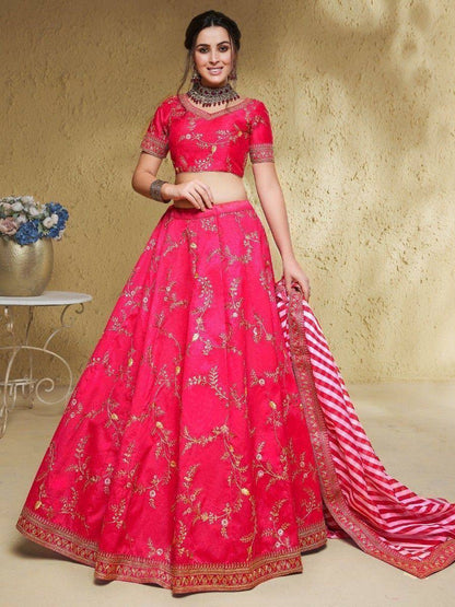 Tulsi Art Captivating Pink Thread Embroidered Silk Bridesmaid Lehenga Choli