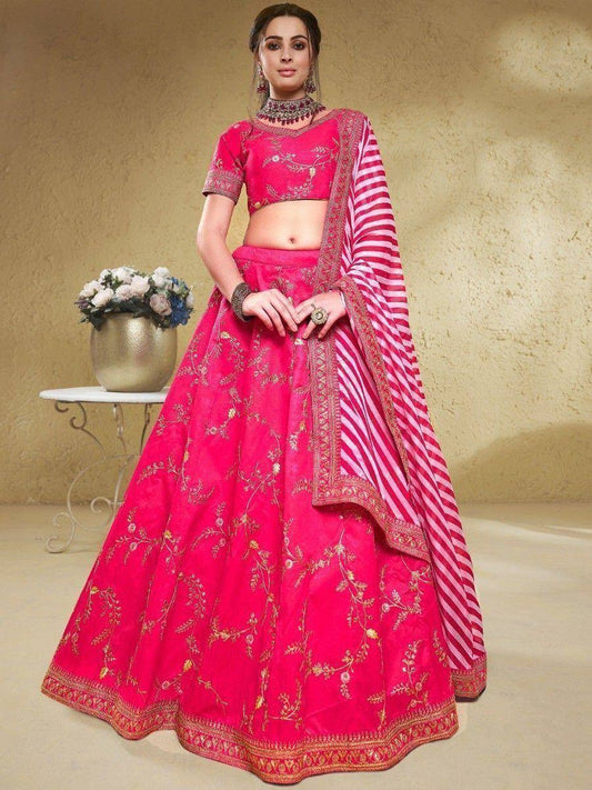 Tulsi Art Captivating Pink Thread Embroidered Silk Bridesmaid Lehenga Choli