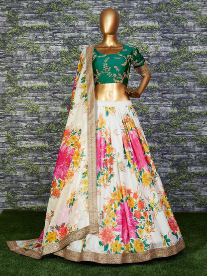 Tulsi Art Karishma Kapoor Off-White Floral Digital Printed Organza Bridal Lehenga Choli