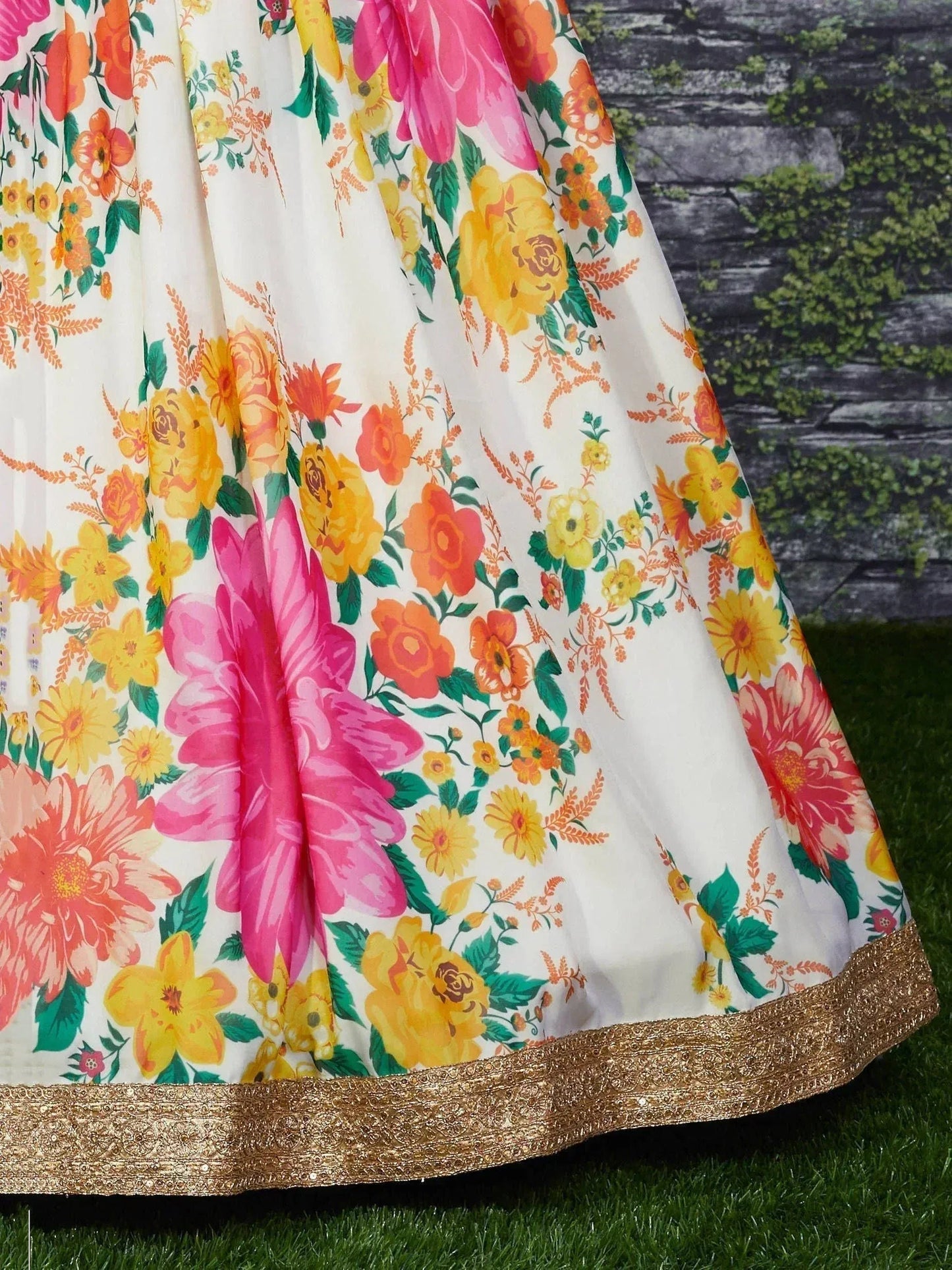 Tulsi Art Sabyasachi Off White Floral Digital Printed Organza Bridal Lehenga Choli