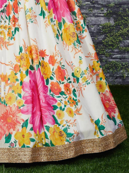 Tulsi Art Sabyasachi Off White Floral Digital Printed Organza Bridal Lehenga Choli