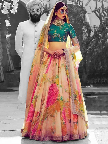 Tulsi Art Sabyasachi Off White Floral Digital Printed Organza Bridal Lehenga Choli
