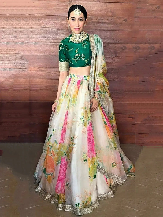 Tulsi Art Karishma Kapoor Off-White Floral Digital Printed Organza Bridal Lehenga Choli