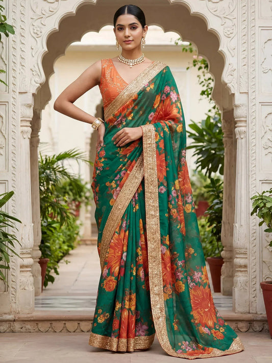 Tulsi Art Stunning Green Floral Printed Organza Festival Wear Saree With Blouse