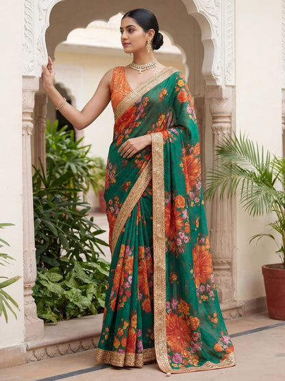 Tulsi Art Stunning Green Floral Printed Organza Festival Wear Saree With Blouse