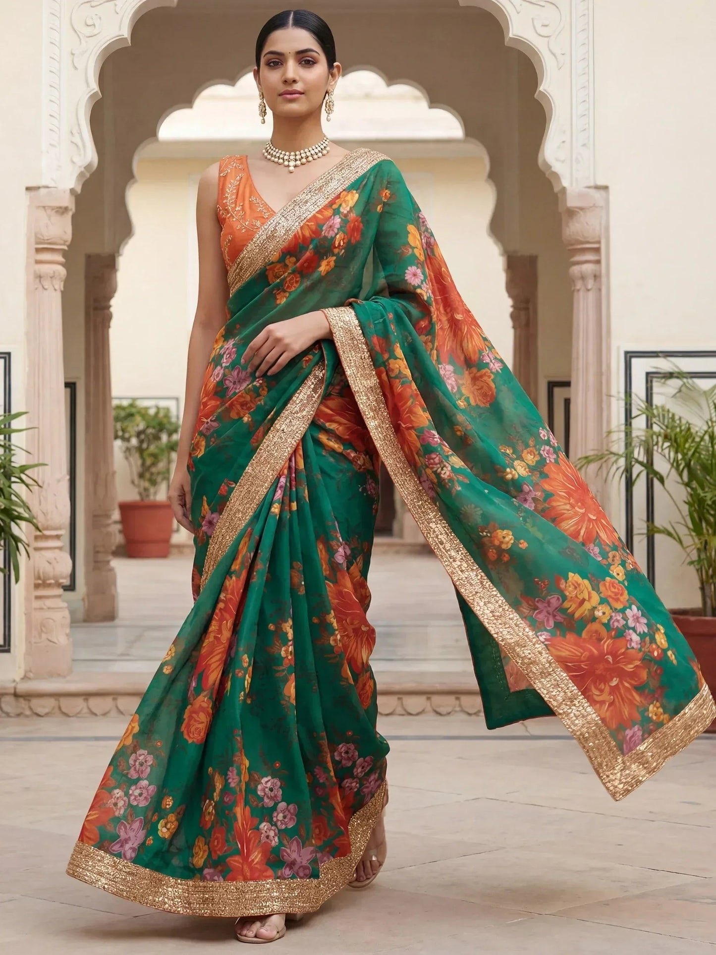 Tulsi Art Stunning Green Floral Printed Organza Festival Wear Saree With Blouse