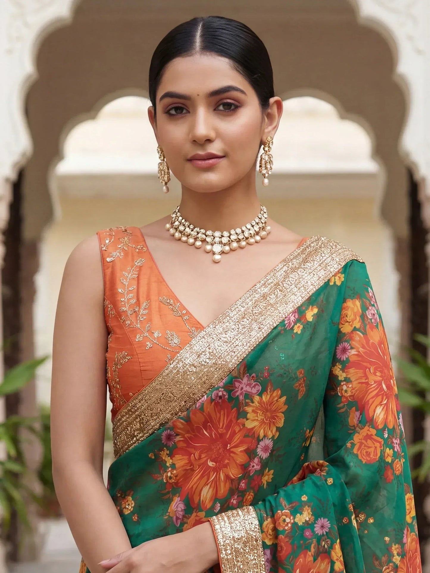 Tulsi Art Stunning Green Floral Printed Organza Festival Wear Saree With Blouse