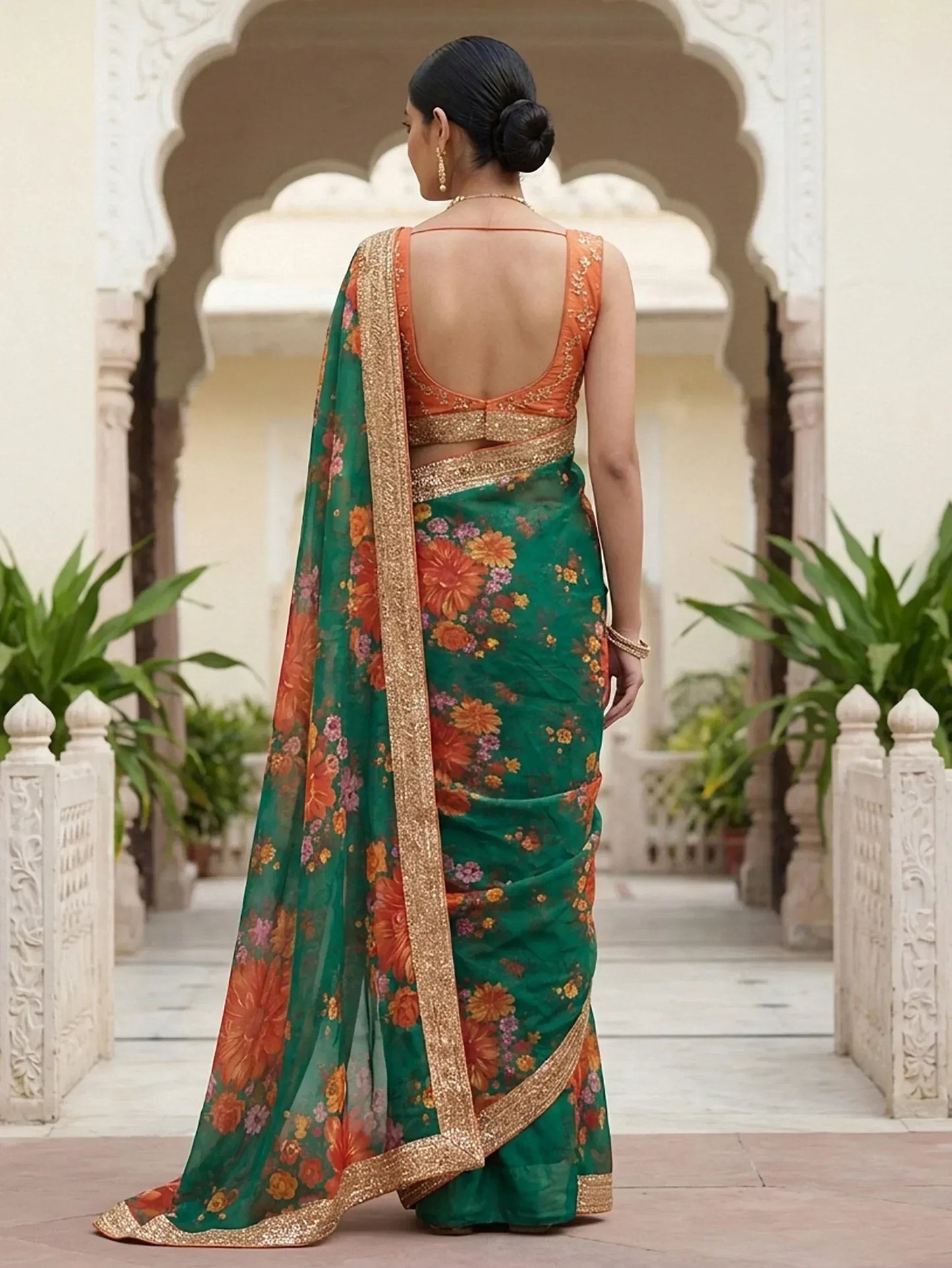 Tulsi Art Stunning Green Floral Printed Organza Festival Wear Saree With Blouse