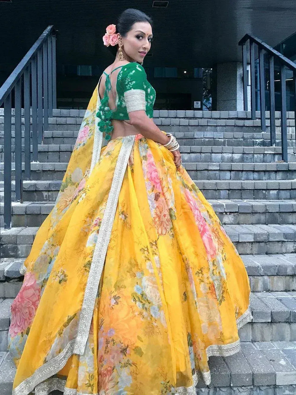 Tulsi Art Green-Yellow Floral Digital Printed Organza Bridal Lehenga Choli