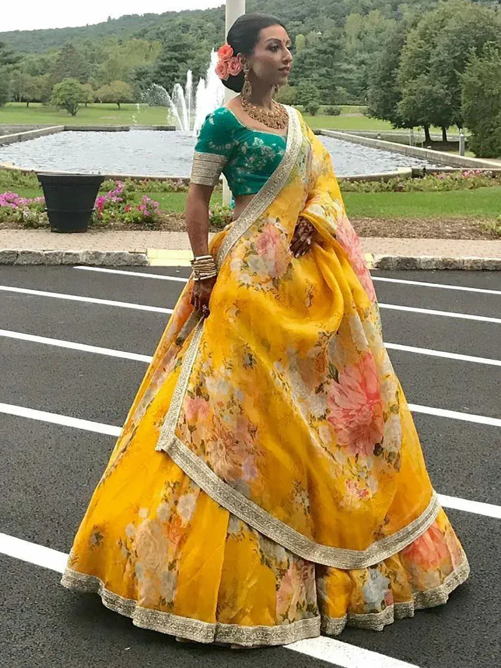 Tulsi Art Green-Yellow Floral Digital Printed Organza Bridal Lehenga Choli