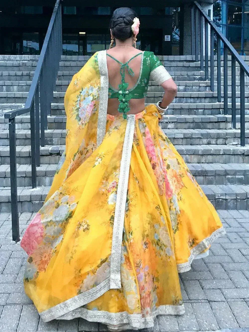 Tulsi Art Green-Yellow Floral Digital Printed Organza Bridal Lehenga Choli