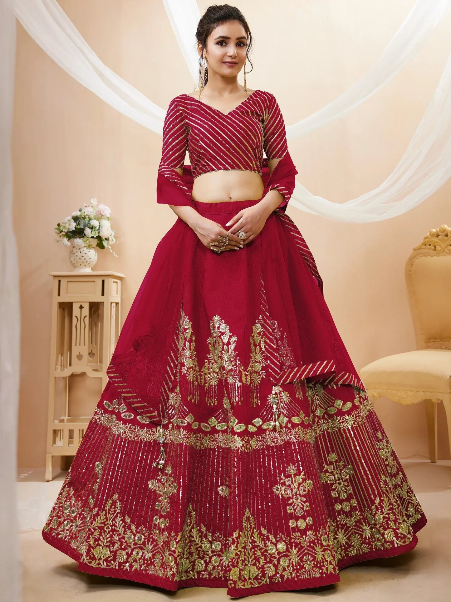 Tulsi Art Fascinating Red Sequins Silk Wedding Lehenga Choli With Dupatta