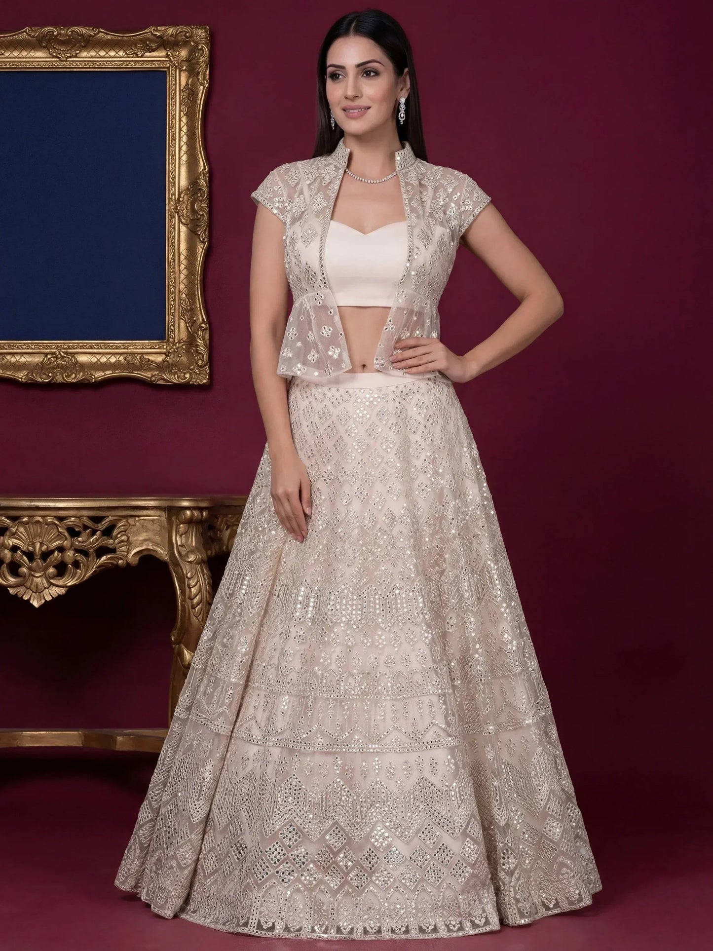 Tulsi Art Beautiful Off-White Embroidered Net Party Wear Lehenga Choli