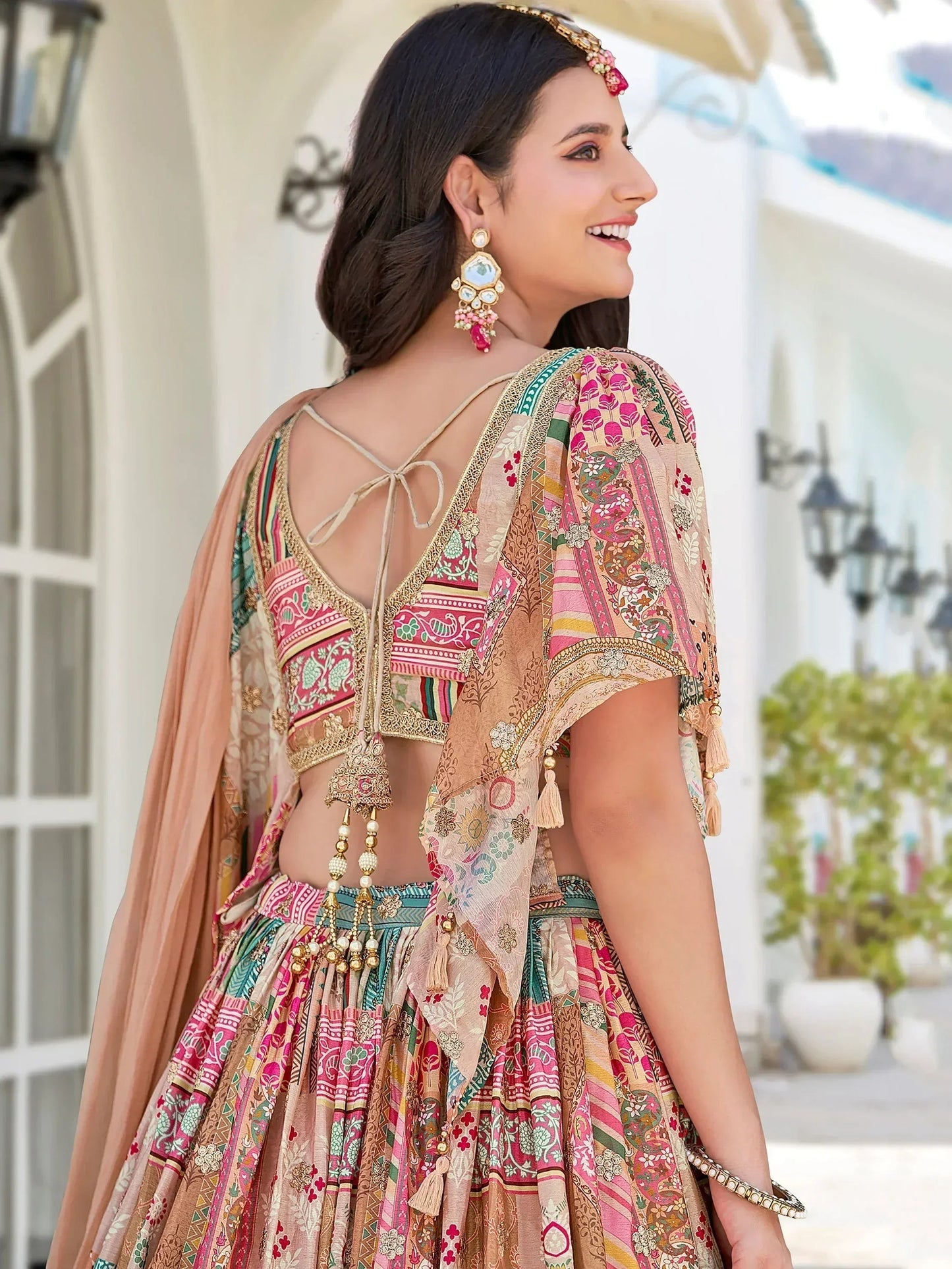 Tulsi Art Lavishing Beige Chinon Silk Zari Embroidered Lehenga Choli