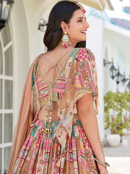Tulsi Art Lavishing Beige Chinon Silk Zari Embroidered Lehenga Choli