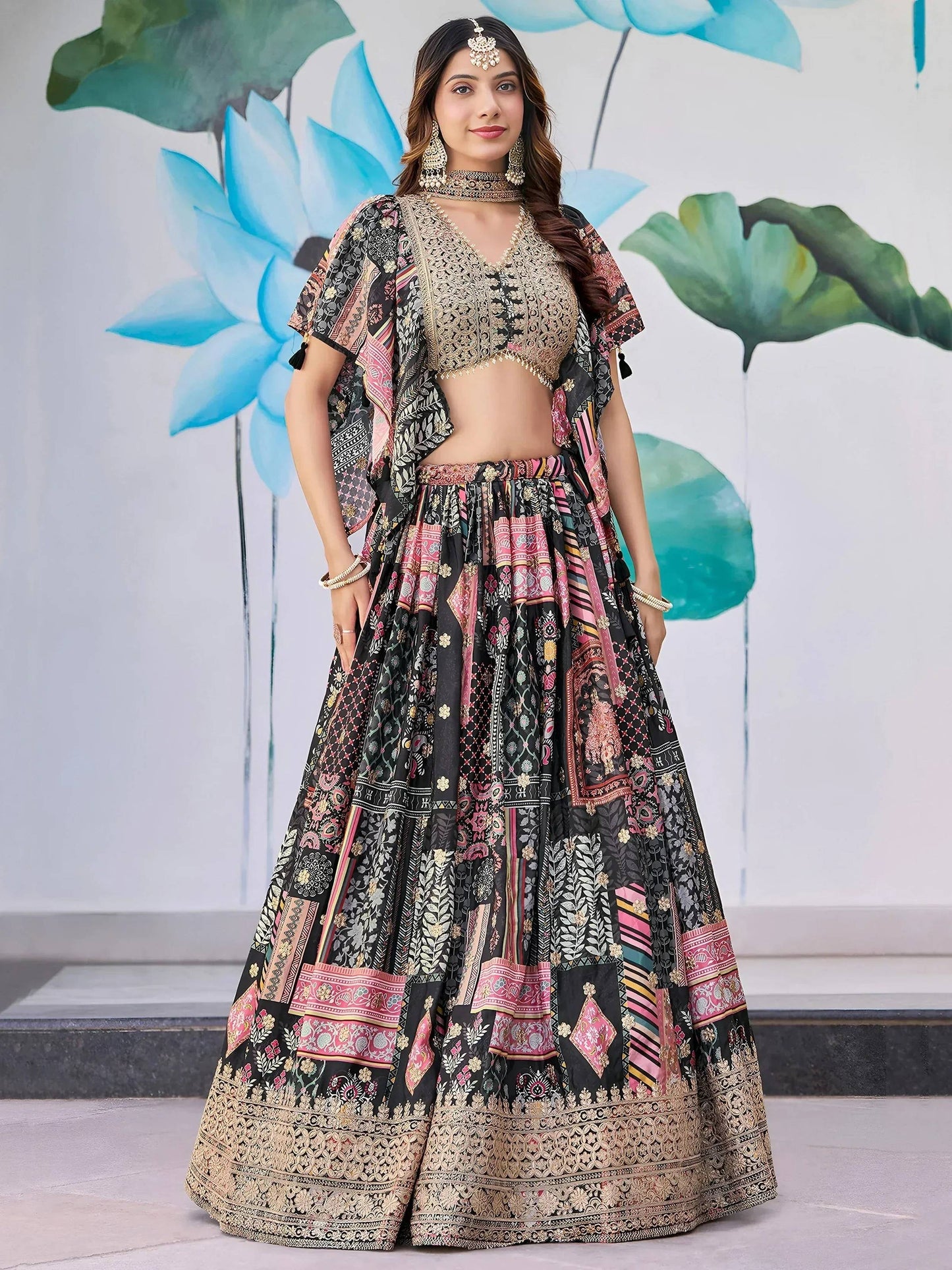 Tulsi Art Glamorous Black Chinon Digital Printed Party Wear Lehenga Choli