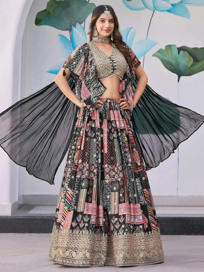 Tulsi Art Glamorous Black Chinon Digital Printed Party Wear Lehenga Choli