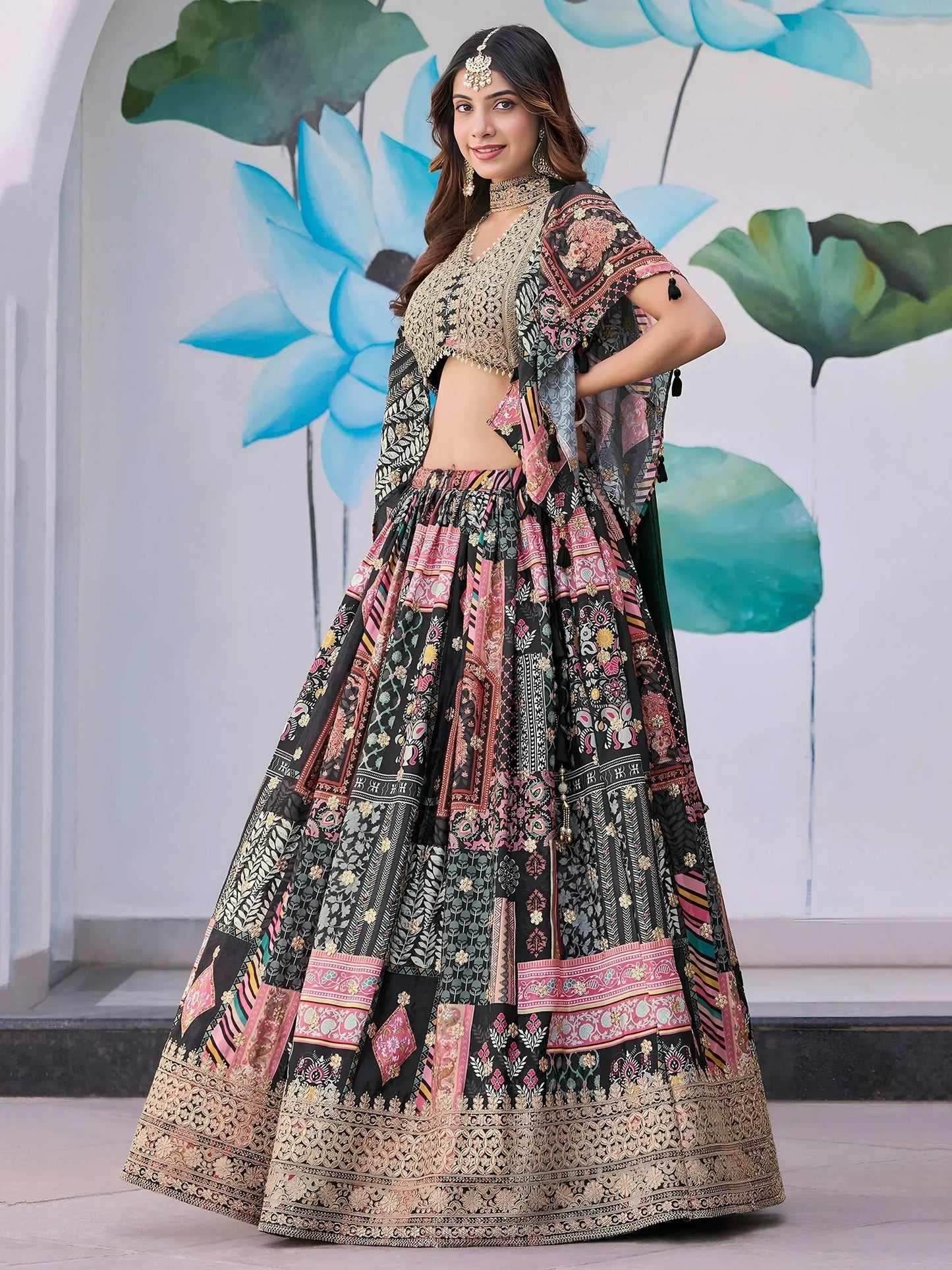 Tulsi Art Glamorous Black Chinon Digital Printed Party Wear Lehenga Choli