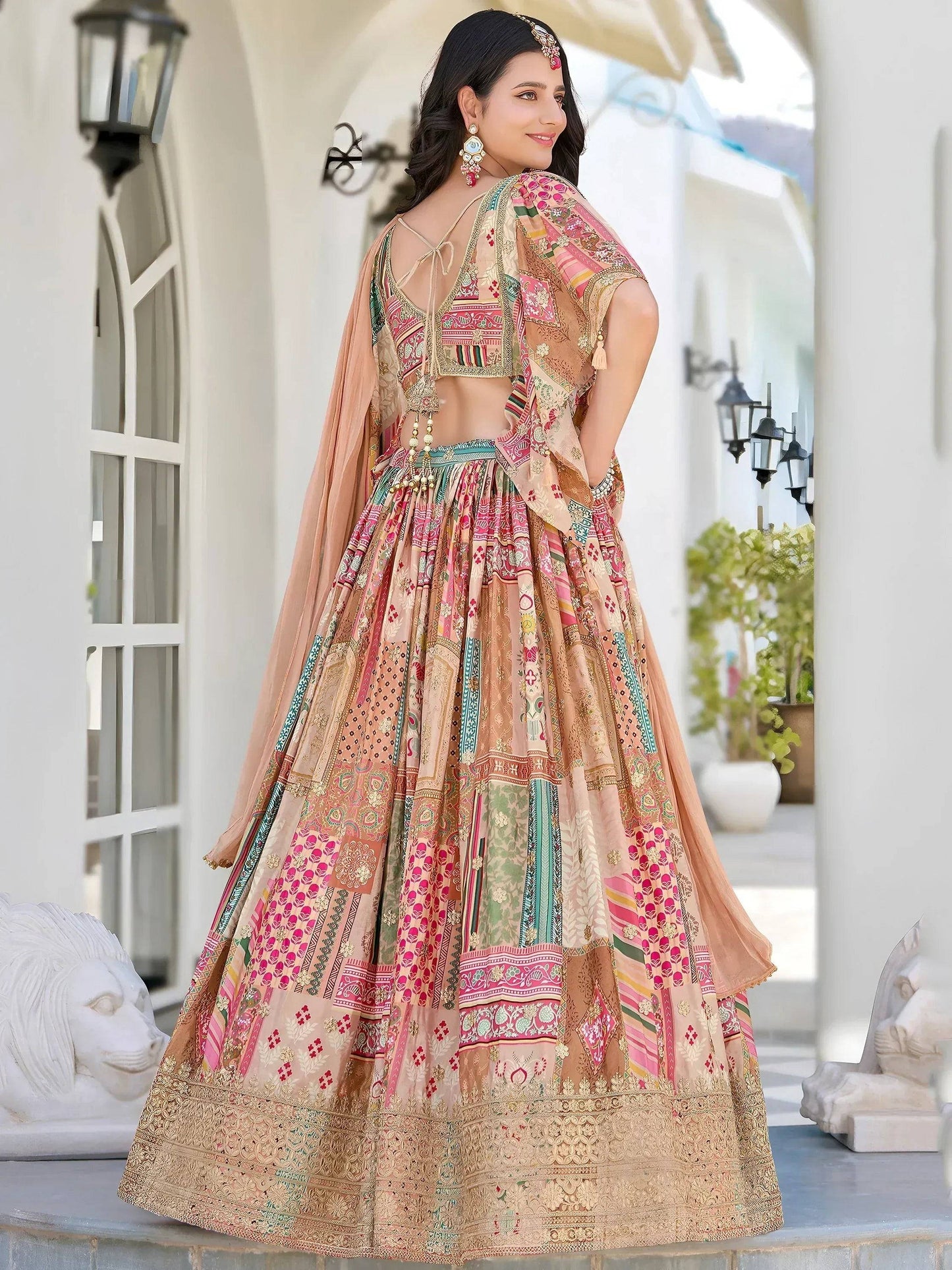 Tulsi Art Lavishing Beige Chinon Silk Zari Embroidered Lehenga Choli