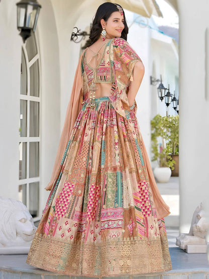 Tulsi Art Lavishing Beige Chinon Silk Zari Embroidered Lehenga Choli