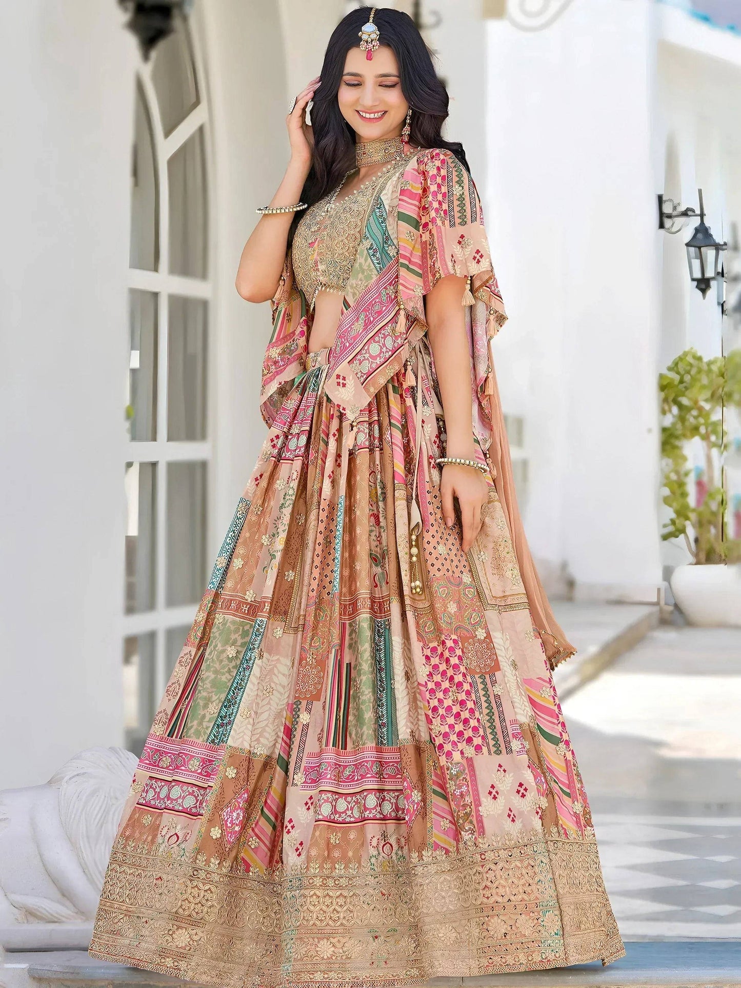 Tulsi Art Lavishing Beige Chinon Silk Zari Embroidered Lehenga Choli