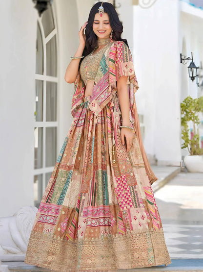 Tulsi Art Lavishing Beige Chinon Silk Zari Embroidered Lehenga Choli