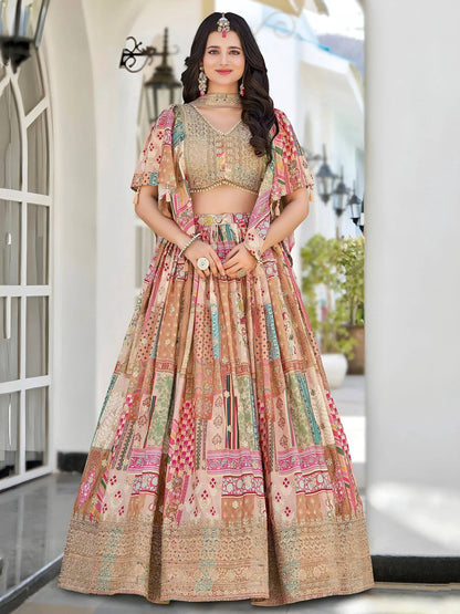 Tulsi Art Lavishing Beige Chinon Silk Zari Embroidered Lehenga Choli